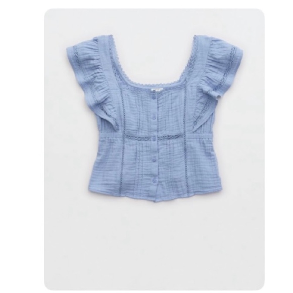 NWT Aerie Button Front Ruffle Sleeve Top - Picture 1 of 1